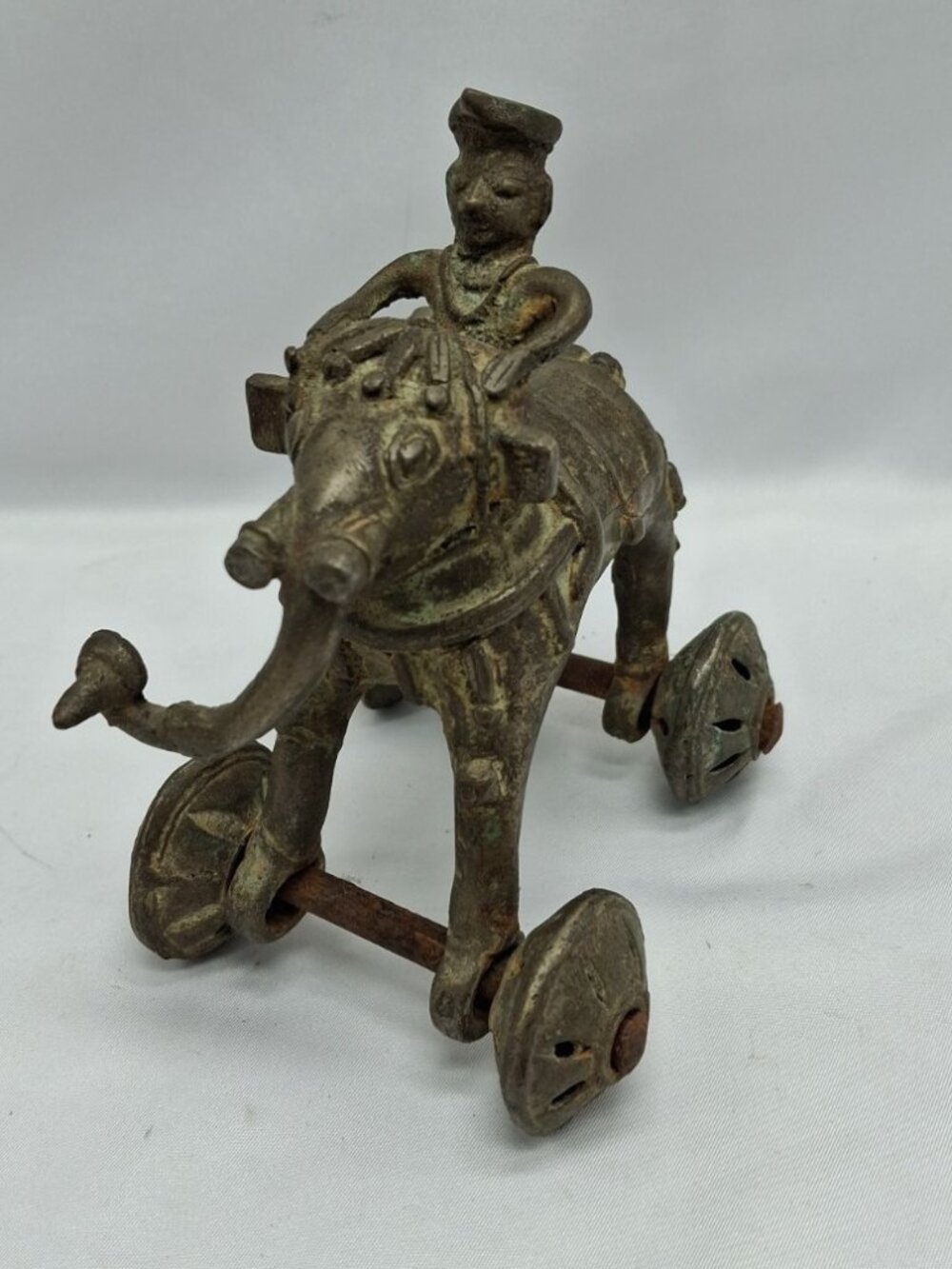 Antique Indian Brass Figurine Depicting a King Riding an Elephant - 4 wheels Toy